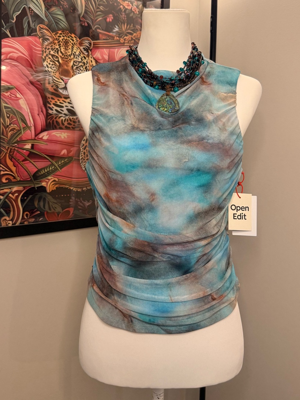 NWT Open Edit Abstract Mesh Ruched Sleeveless Top